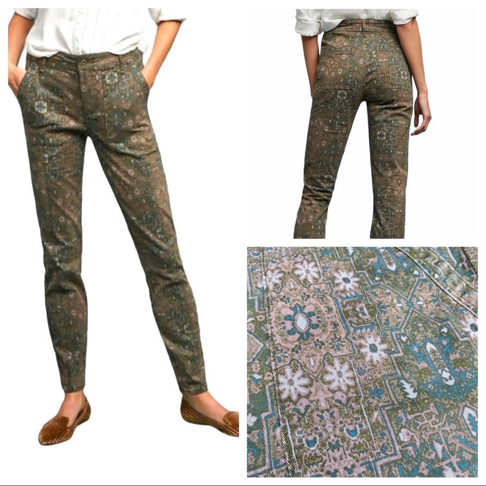 Anthropologie Cadet Slim Utility Pants Green Olive Multicolor Aztec print - Picture 2 of 16